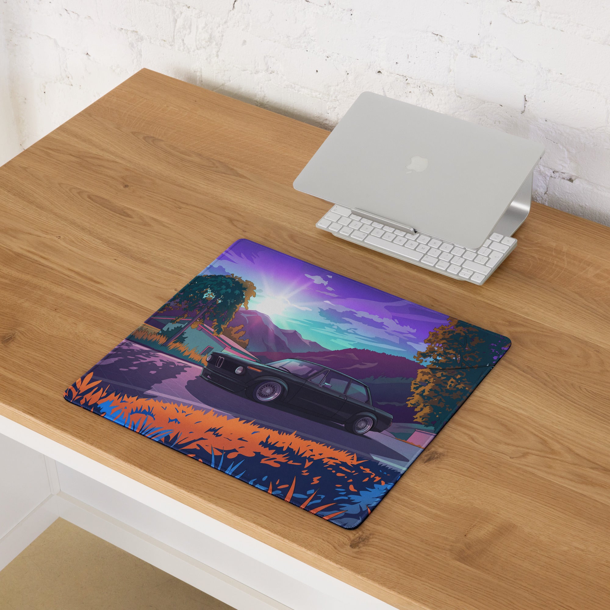 BMW E30 Inspired Black Purple Vaporwave Gaming Mouse Pad, Retro Luxury Sedan Desk Mat with Neon Mountain Landscape Artwork