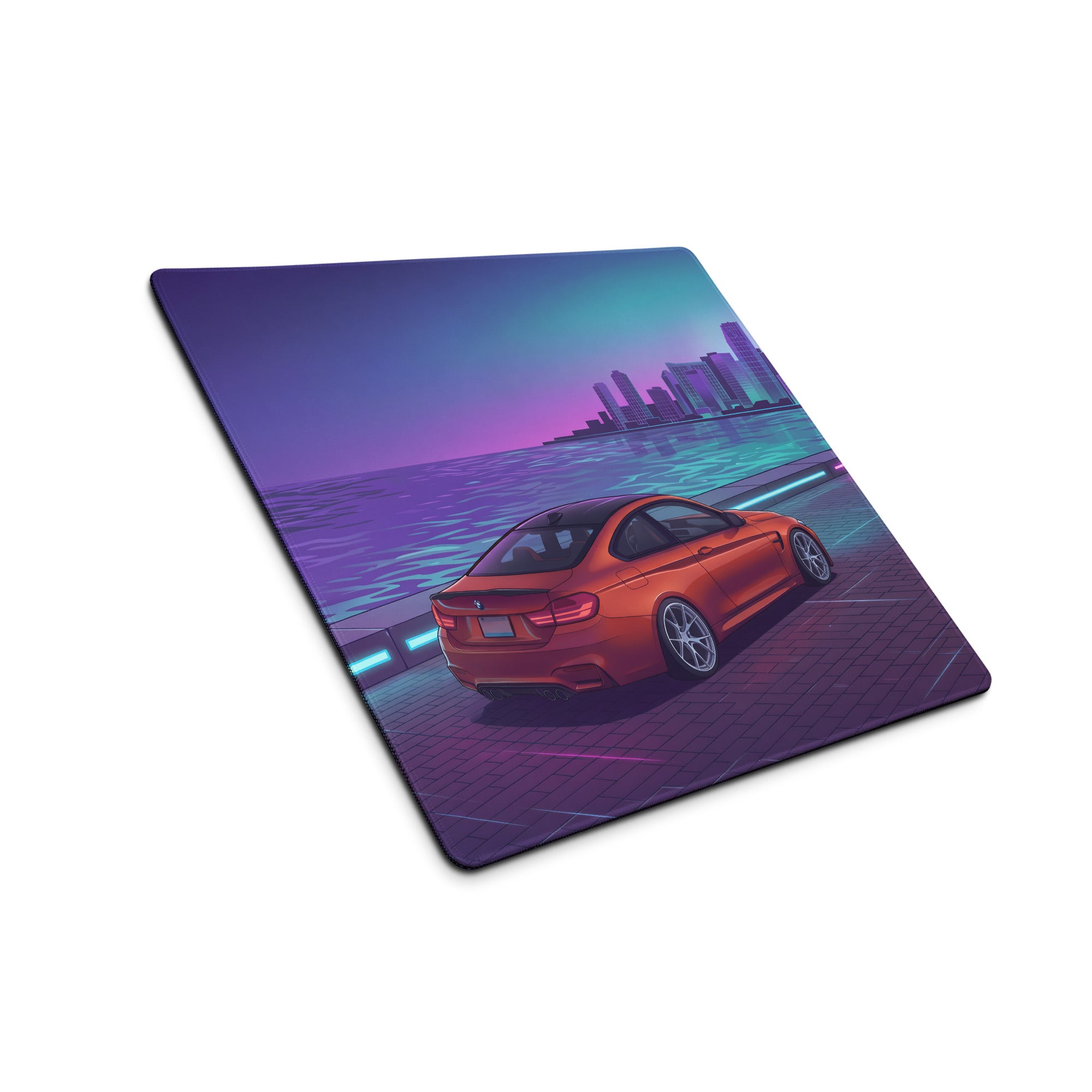 BMW M4 F82 Inspired Orange Purple Vaporwave Gaming Mouse Pad, Neon Sports Coupe Desk Mat with Retro Futuristic Waterfront City Artwork