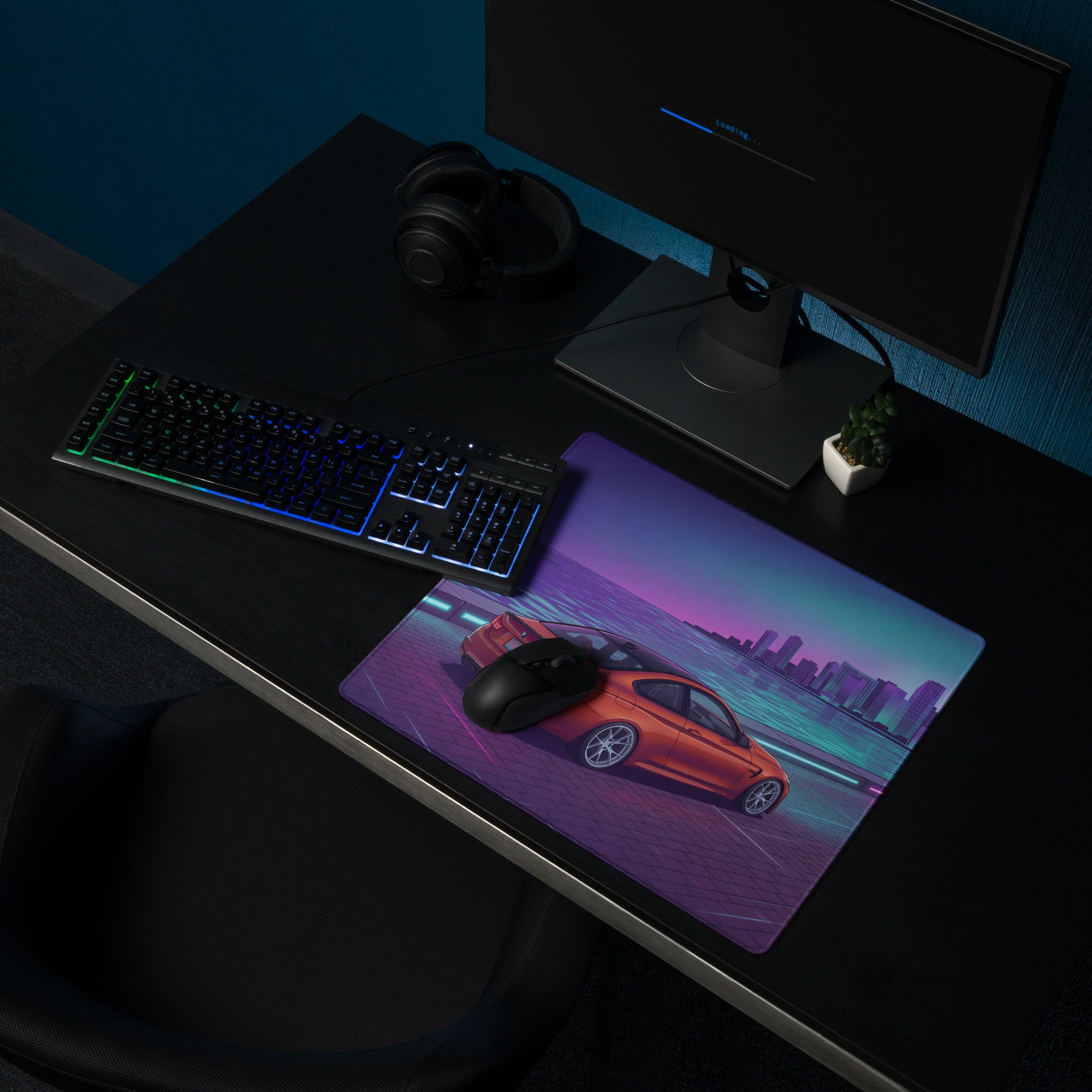 BMW M4 F82 Inspired Orange Purple Vaporwave Gaming Mouse Pad, Neon Sports Coupe Desk Mat with Retro Futuristic Waterfront City Artwork
