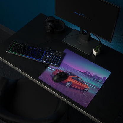 BMW M4 F82 Inspired Orange Purple Vaporwave Gaming Mouse Pad, Neon Sports Coupe Desk Mat with Retro Futuristic Waterfront City Artwork