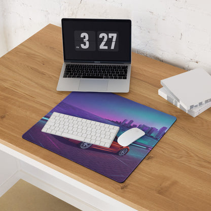 BMW M4 F82 Inspired Orange Purple Vaporwave Gaming Mouse Pad, Neon Sports Coupe Desk Mat with Retro Futuristic Waterfront City Artwork