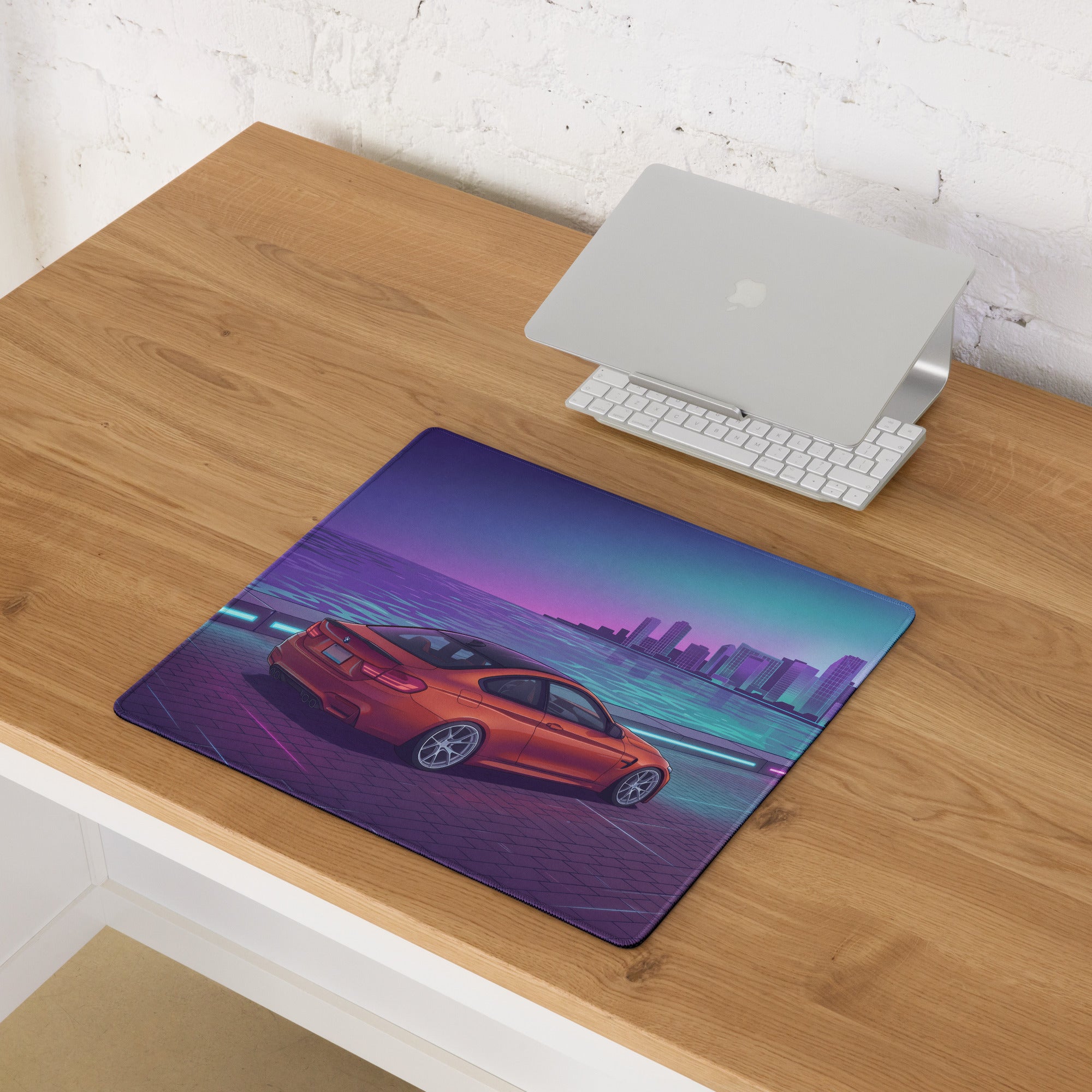BMW M4 F82 Inspired Orange Purple Vaporwave Gaming Mouse Pad, Neon Sports Coupe Desk Mat with Retro Futuristic Waterfront City Artwork