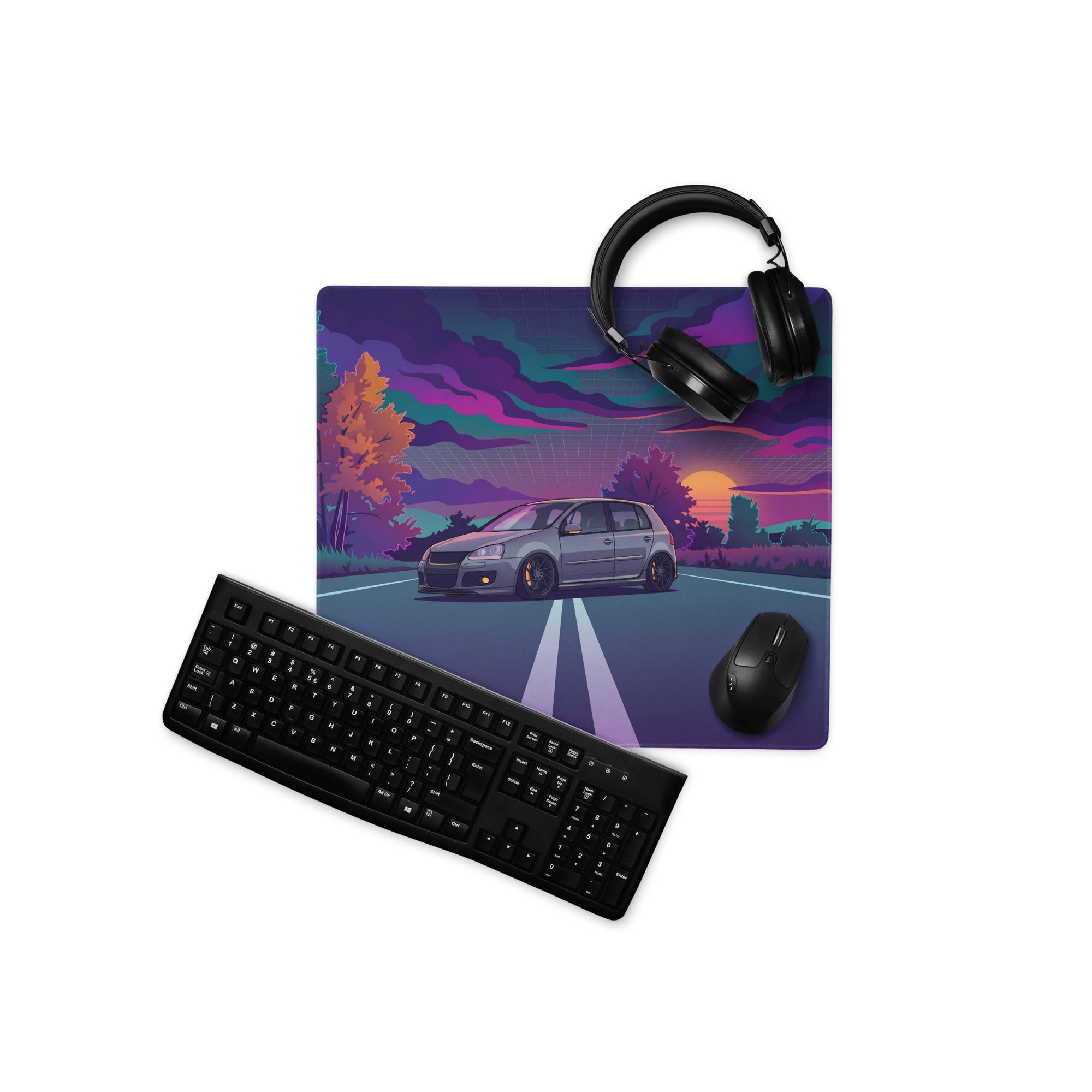 Volkswagen Golf R32 Inspired Silver Purple Vaporwave Gaming Mouse Pad, Retro Hot Hatch Desk Mat with Neon Sunset Road Artwork
