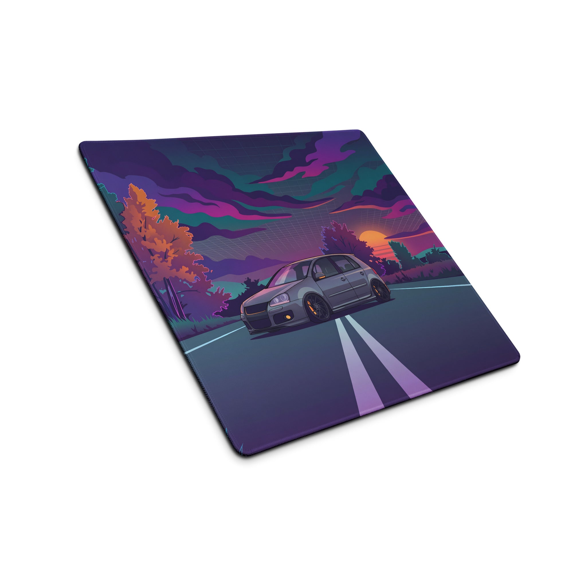 Volkswagen Golf R32 Inspired Silver Purple Vaporwave Gaming Mouse Pad, Retro Hot Hatch Desk Mat with Neon Sunset Road Artwork