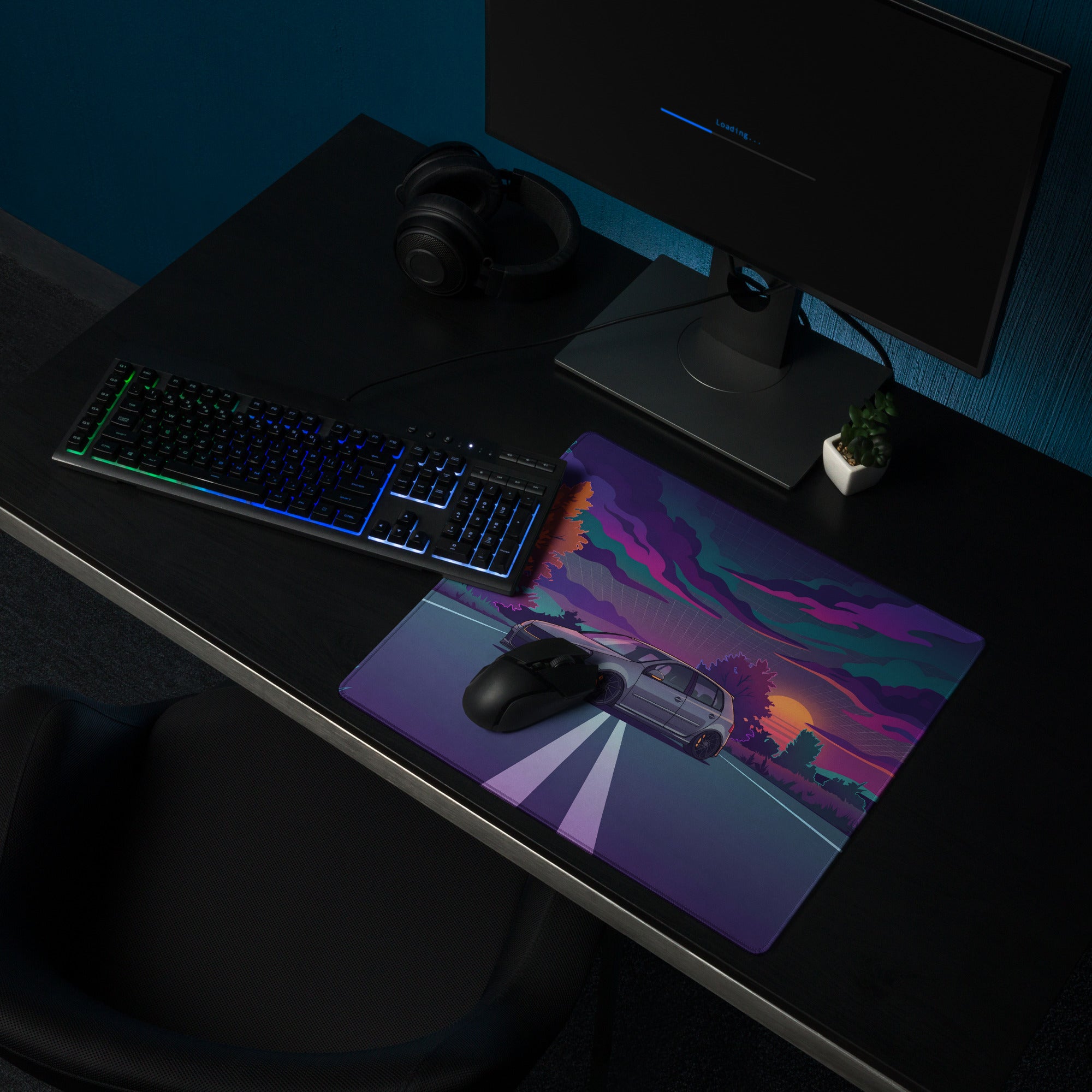 Volkswagen Golf R32 Inspired Silver Purple Vaporwave Gaming Mouse Pad, Retro Hot Hatch Desk Mat with Neon Sunset Road Artwork