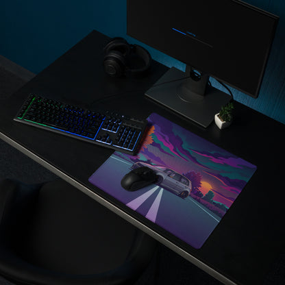 Volkswagen Golf R32 Inspired Silver Purple Vaporwave Gaming Mouse Pad, Retro Hot Hatch Desk Mat with Neon Sunset Road Artwork