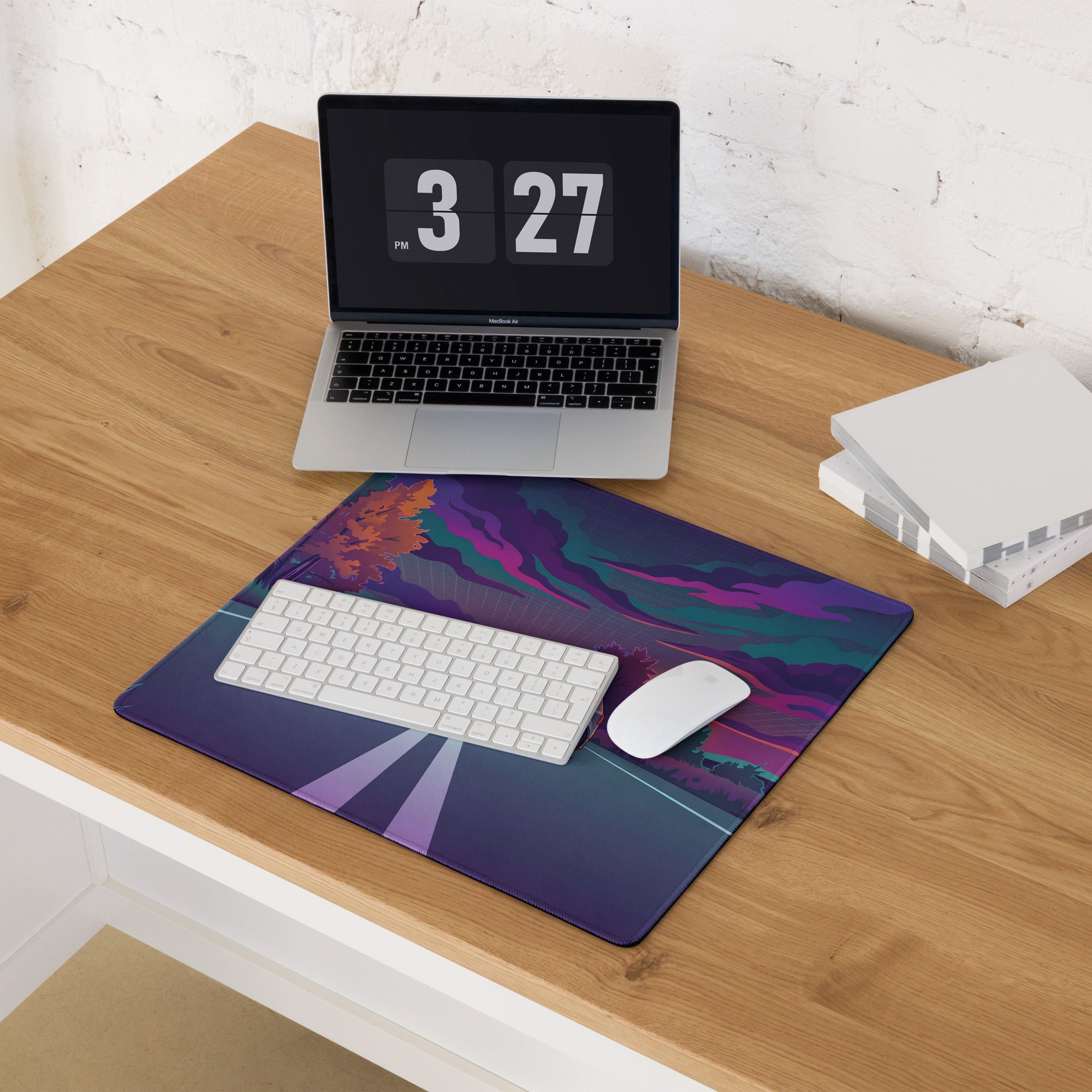 Volkswagen Golf R32 Inspired Silver Purple Vaporwave Gaming Mouse Pad, Retro Hot Hatch Desk Mat with Neon Sunset Road Artwork