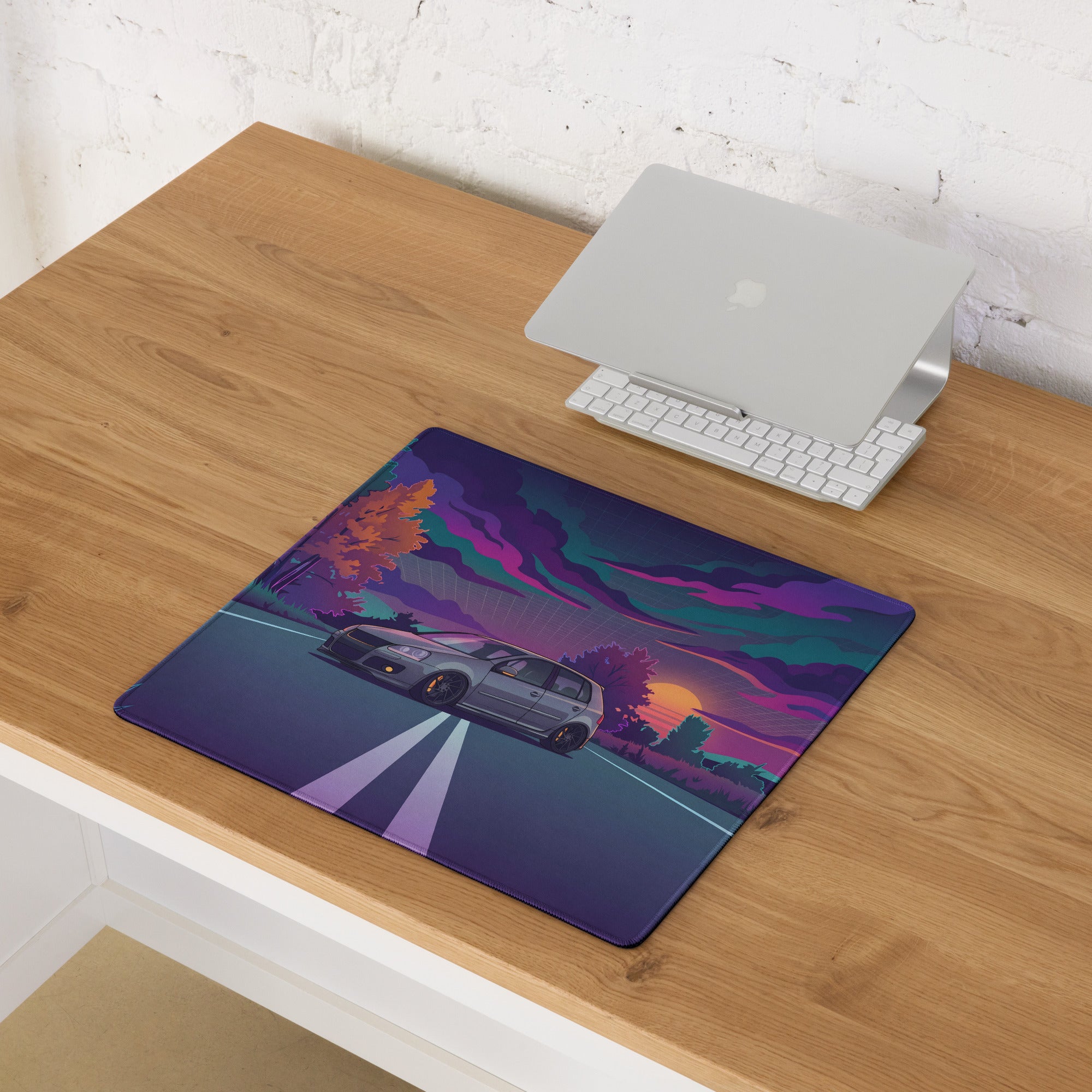 Volkswagen Golf R32 Inspired Silver Purple Vaporwave Gaming Mouse Pad, Retro Hot Hatch Desk Mat with Neon Sunset Road Artwork