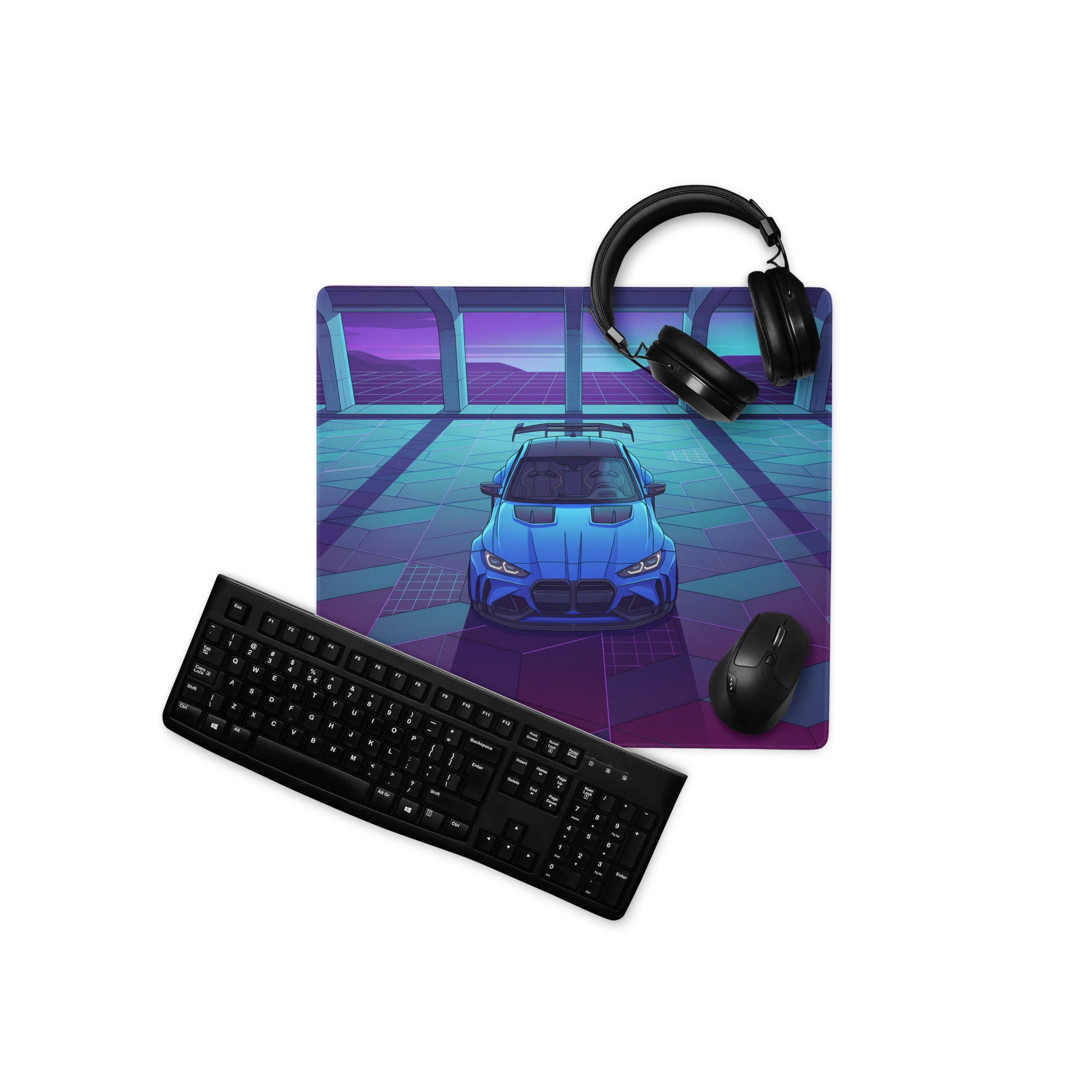 BMW M4 Inspired Blue Purple Vaporwave Gaming Mouse Pad, Neon Race Car Desk Mat with Retro Futuristic Cyberpunk Garage Artwork