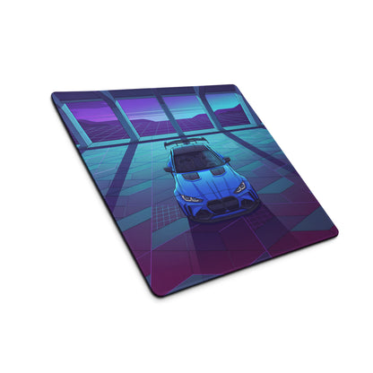BMW M4 Inspired Blue Purple Vaporwave Gaming Mouse Pad, Neon Race Car Desk Mat with Retro Futuristic Cyberpunk Garage Artwork