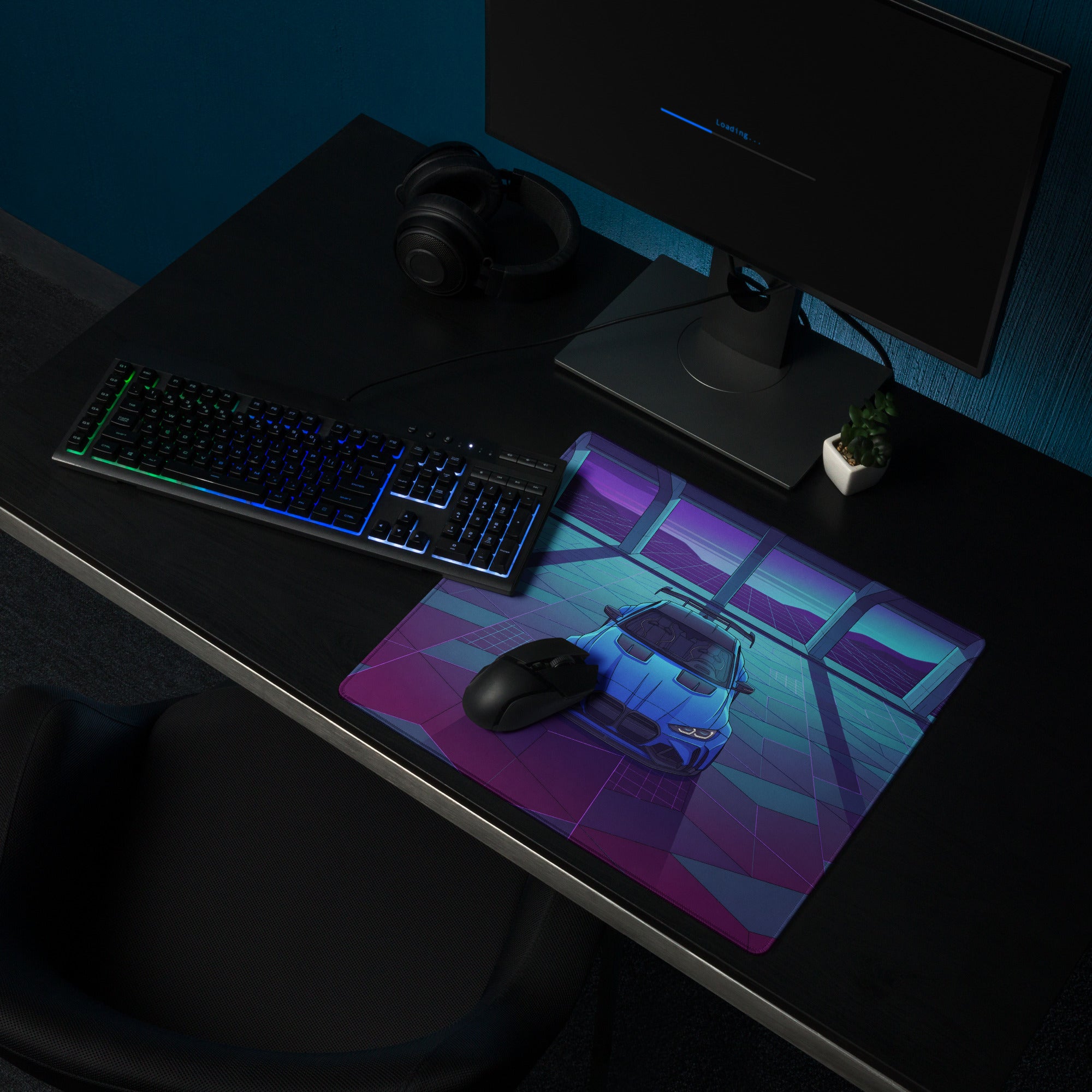 BMW M4 Inspired Blue Purple Vaporwave Gaming Mouse Pad, Neon Race Car Desk Mat with Retro Futuristic Cyberpunk Garage Artwork