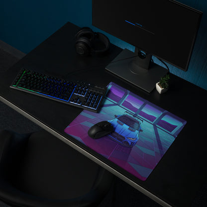 BMW M4 Inspired Blue Purple Vaporwave Gaming Mouse Pad, Neon Race Car Desk Mat with Retro Futuristic Cyberpunk Garage Artwork