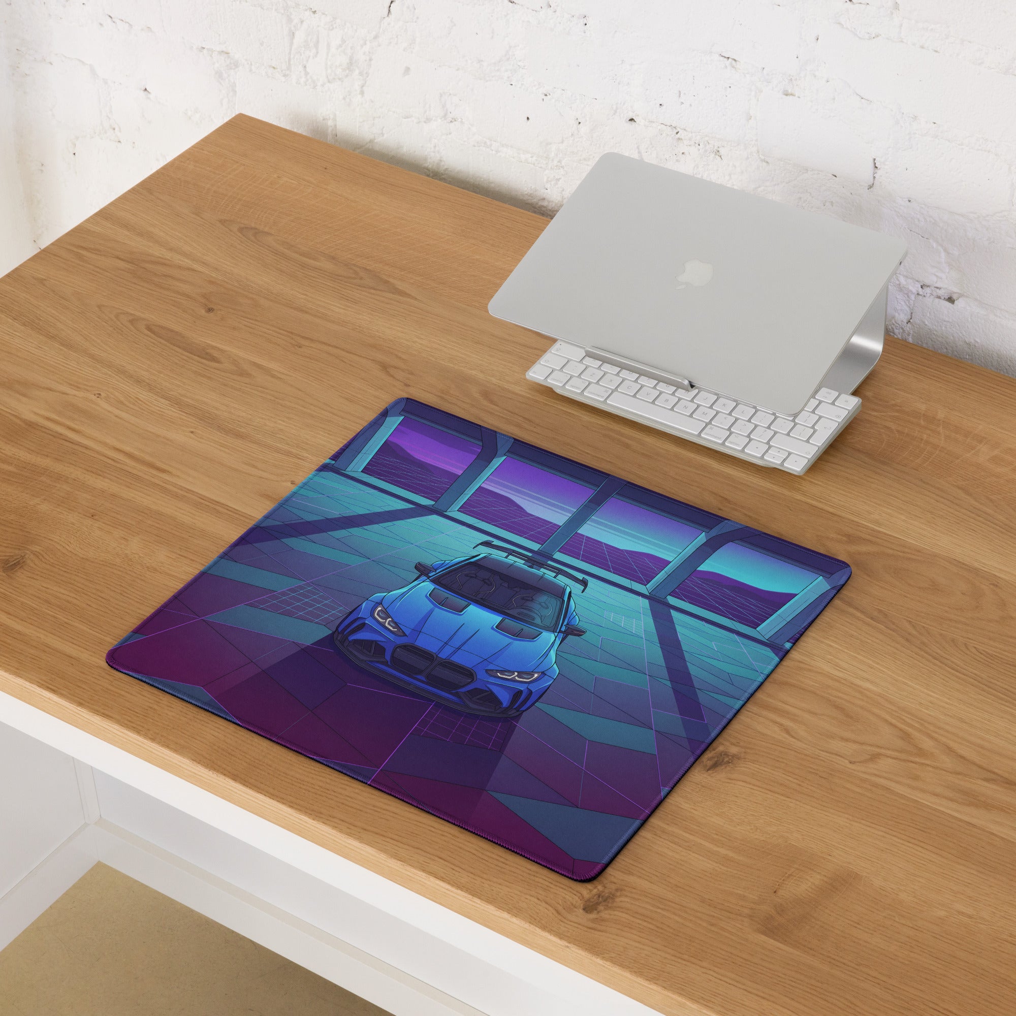 BMW M4 Inspired Blue Purple Vaporwave Gaming Mouse Pad, Neon Race Car Desk Mat with Retro Futuristic Cyberpunk Garage Artwork