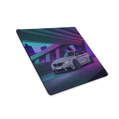BMW M4 F82 Inspired White Purple Vaporwave Gaming Mouse Pad, Neon Sports Coupe Desk Mat with Futuristic Cyberpunk Overpass Artwork