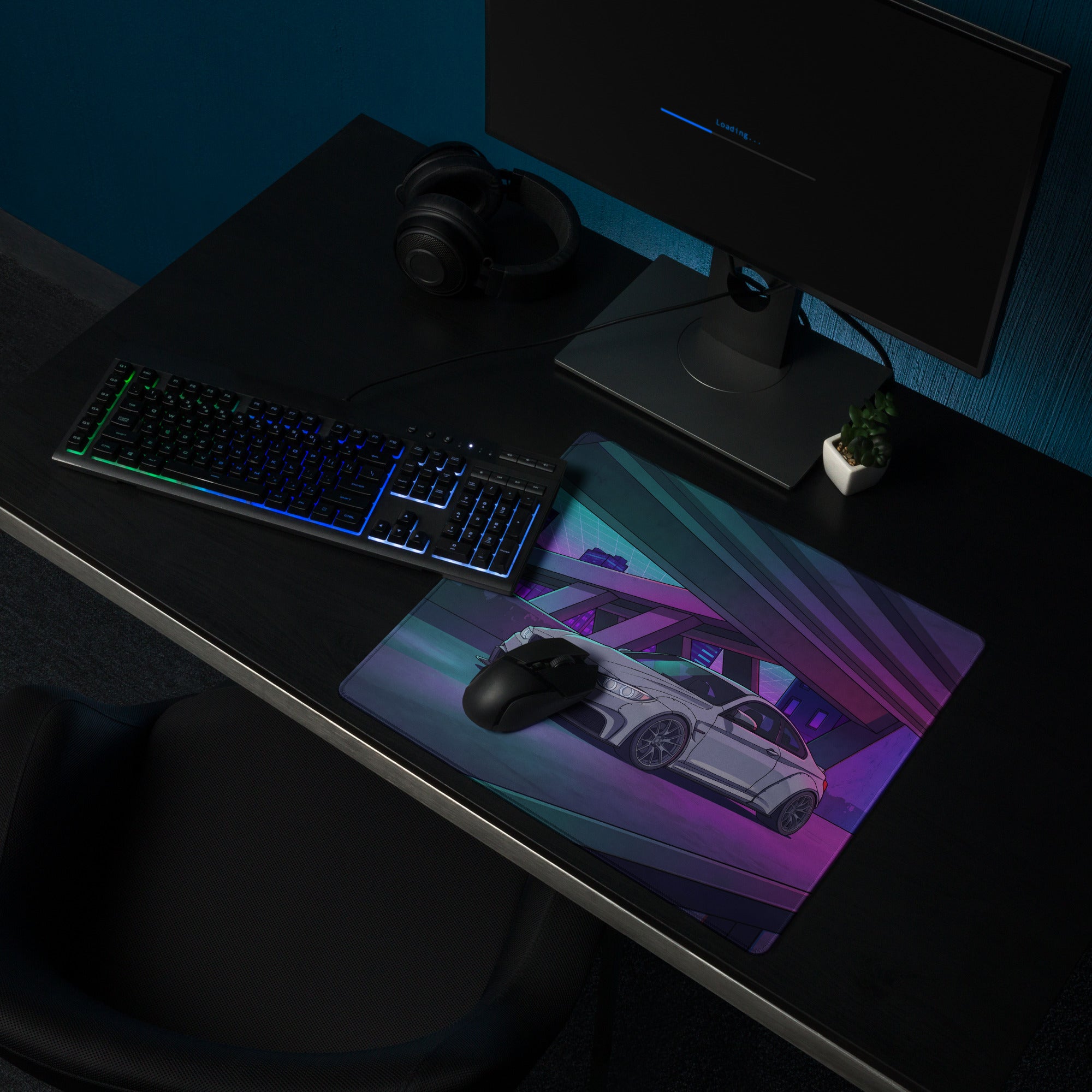 BMW M4 F82 Inspired White Purple Vaporwave Gaming Mouse Pad, Neon Sports Coupe Desk Mat with Futuristic Cyberpunk Overpass Artwork