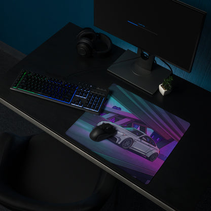 BMW M4 F82 Inspired White Purple Vaporwave Gaming Mouse Pad, Neon Sports Coupe Desk Mat with Futuristic Cyberpunk Overpass Artwork