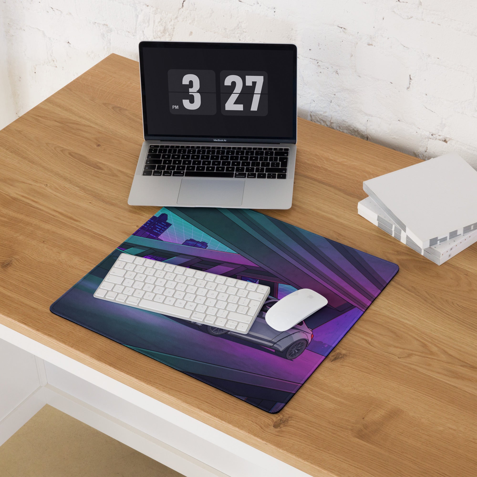 BMW M4 F82 Inspired White Purple Vaporwave Gaming Mouse Pad, Neon Sports Coupe Desk Mat with Futuristic Cyberpunk Overpass Artwork