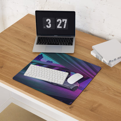 BMW M4 F82 Inspired White Purple Vaporwave Gaming Mouse Pad, Neon Sports Coupe Desk Mat with Futuristic Cyberpunk Overpass Artwork
