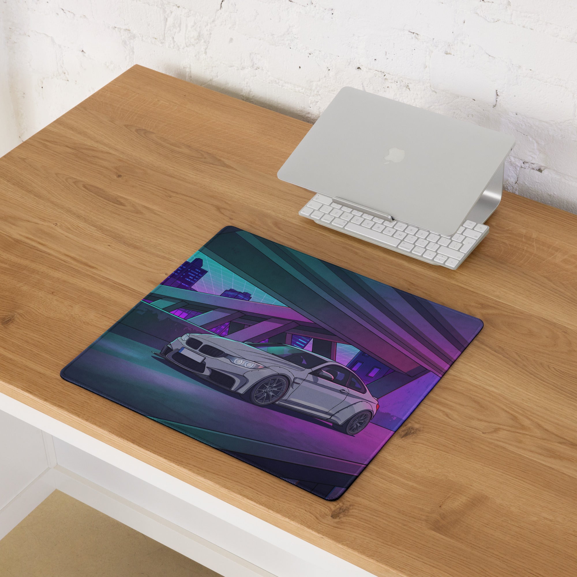 BMW M4 F82 Inspired White Purple Vaporwave Gaming Mouse Pad, Neon Sports Coupe Desk Mat with Futuristic Cyberpunk Overpass Artwork