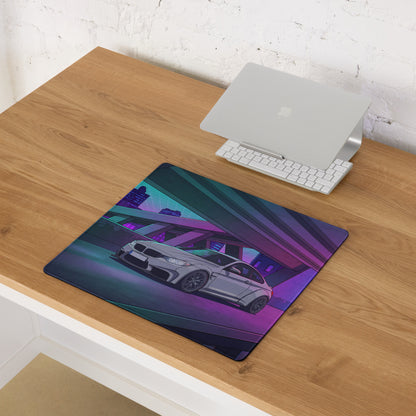 BMW M4 F82 Inspired White Purple Vaporwave Gaming Mouse Pad, Neon Sports Coupe Desk Mat with Futuristic Cyberpunk Overpass Artwork