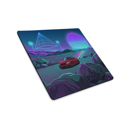 BMW M4 F82 Inspired Red Purple Vaporwave Gaming Mouse Pad, Neon Sports Coupe Desk Mat with Retro Futuristic Mountain Sunset Artwork