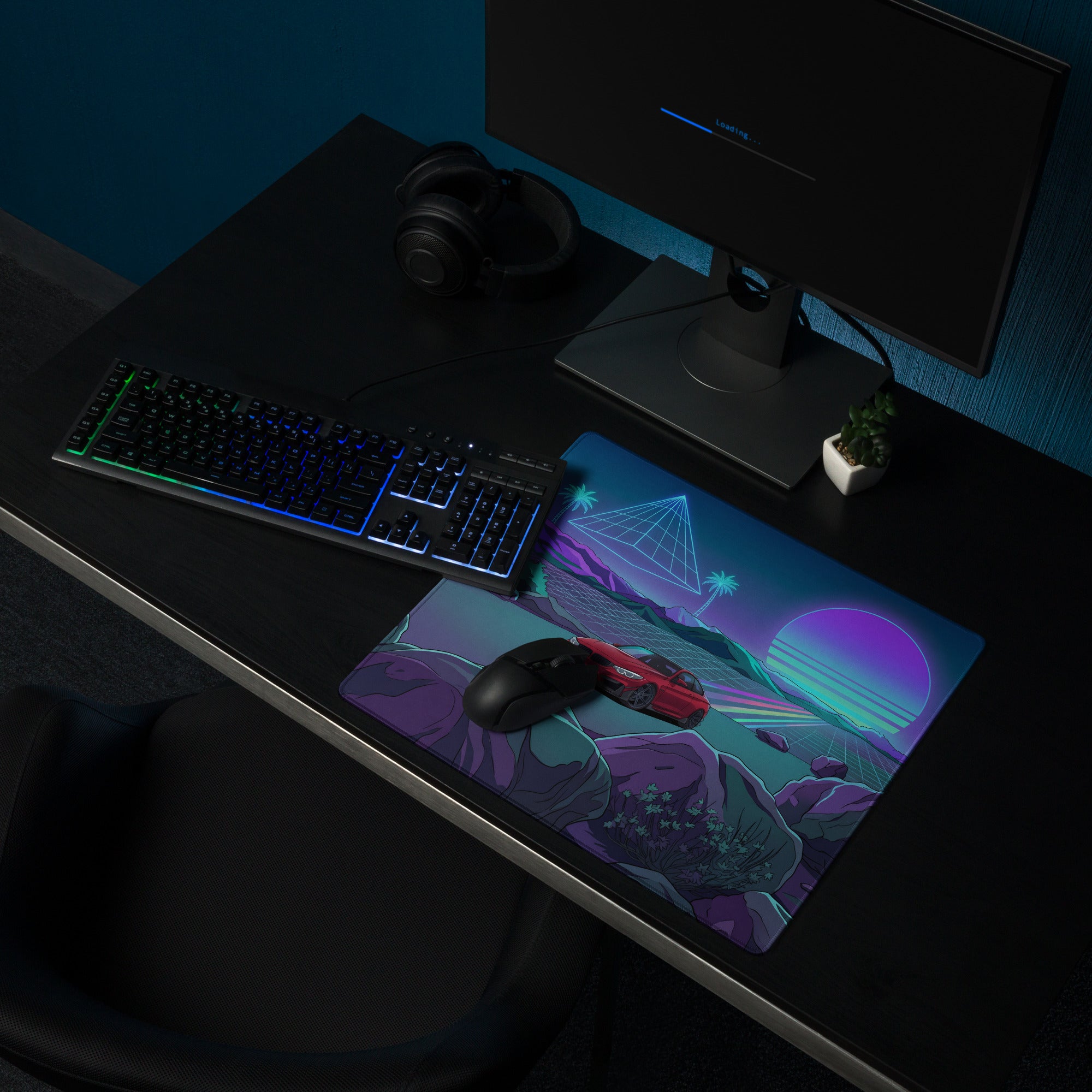 BMW M4 F82 Inspired Red Purple Vaporwave Gaming Mouse Pad, Neon Sports Coupe Desk Mat with Retro Futuristic Mountain Sunset Artwork