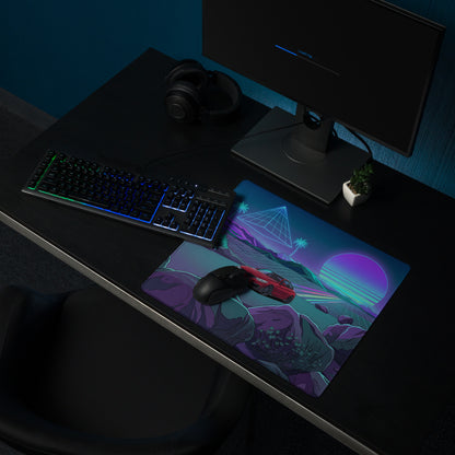 BMW M4 F82 Inspired Red Purple Vaporwave Gaming Mouse Pad, Neon Sports Coupe Desk Mat with Retro Futuristic Mountain Sunset Artwork