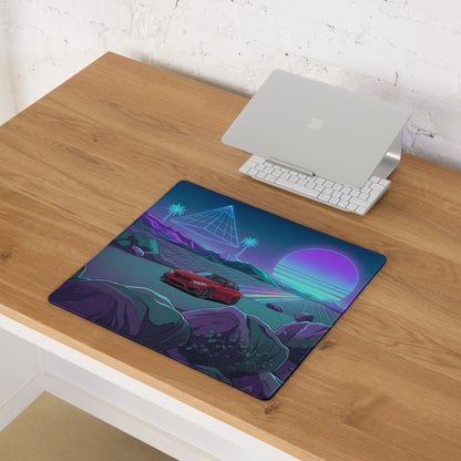BMW M4 F82 Inspired Red Purple Vaporwave Gaming Mouse Pad, Neon Sports Coupe Desk Mat with Retro Futuristic Mountain Sunset Artwork