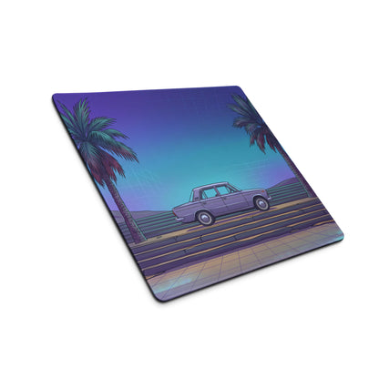 Lada 2101 Inspired Silver Blue Vaporwave Gaming Mouse Pad, Retro Classic Sedan Desk Mat with Neon Palm Tree Coastal Road Artwork