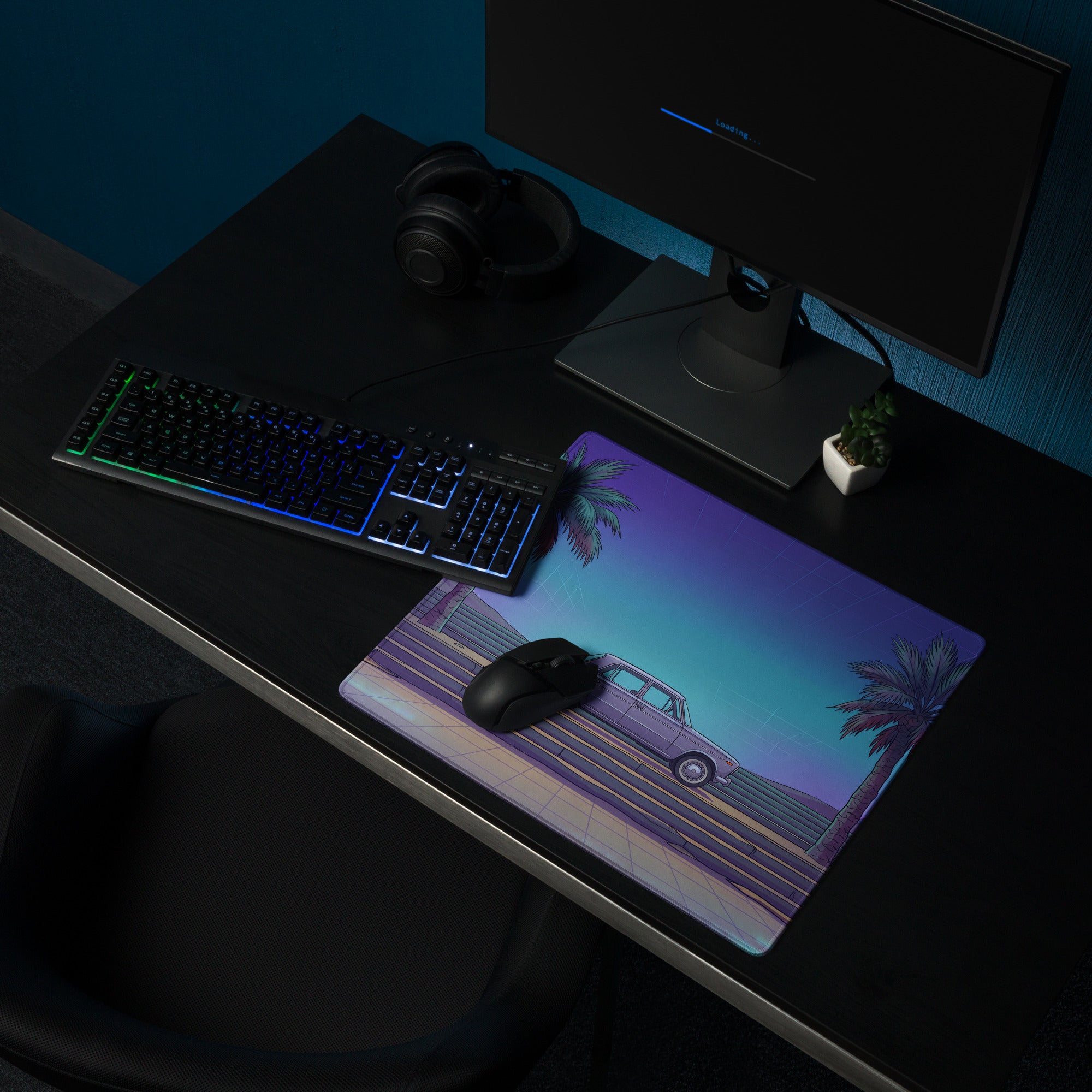 Lada 2101 Inspired Silver Blue Vaporwave Gaming Mouse Pad, Retro Classic Sedan Desk Mat with Neon Palm Tree Coastal Road Artwork