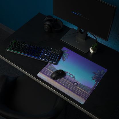 Lada 2101 Inspired Silver Blue Vaporwave Gaming Mouse Pad, Retro Classic Sedan Desk Mat with Neon Palm Tree Coastal Road Artwork