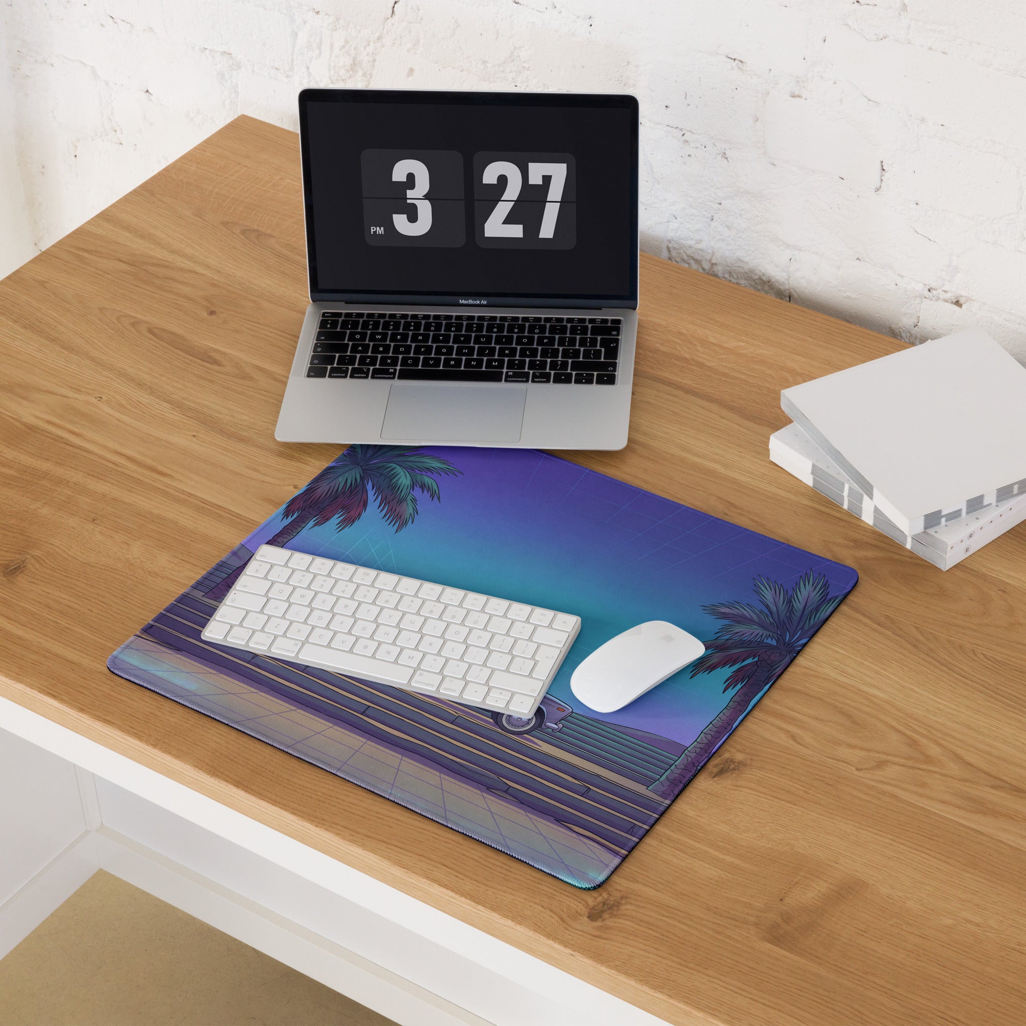 Lada 2101 Inspired Silver Blue Vaporwave Gaming Mouse Pad, Retro Classic Sedan Desk Mat with Neon Palm Tree Coastal Road Artwork