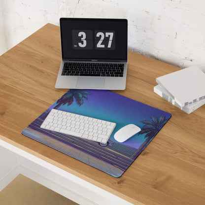 Lada 2101 Inspired Silver Blue Vaporwave Gaming Mouse Pad, Retro Classic Sedan Desk Mat with Neon Palm Tree Coastal Road Artwork