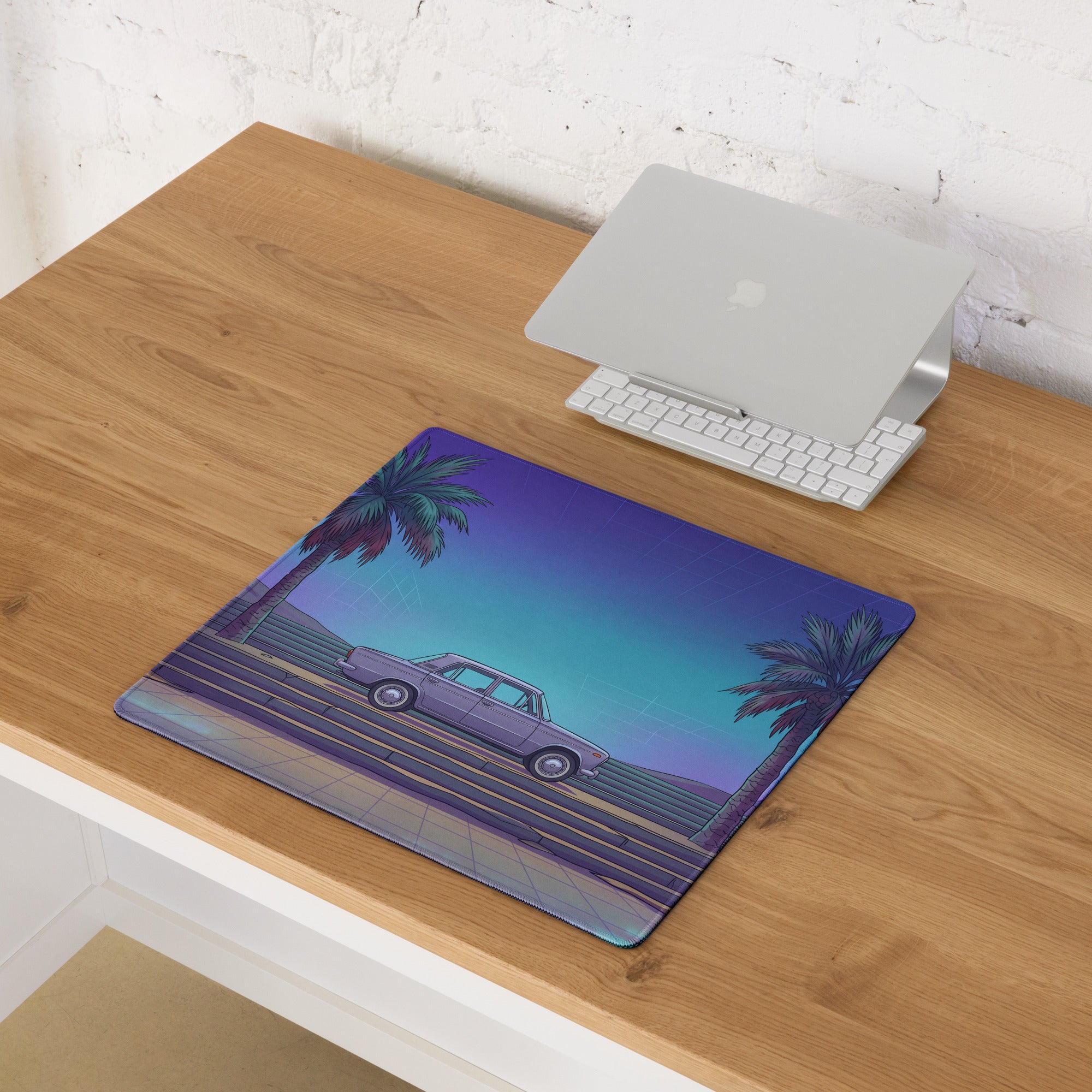 Lada 2101 Inspired Silver Blue Vaporwave Gaming Mouse Pad, Retro Classic Sedan Desk Mat with Neon Palm Tree Coastal Road Artwork