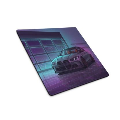 BMW M3 G80 Inspired Gray Purple Vaporwave Gaming Mouse Pad, Neon Sports Sedan Desk Mat with Retro Futuristic Luxury Garage Artwork