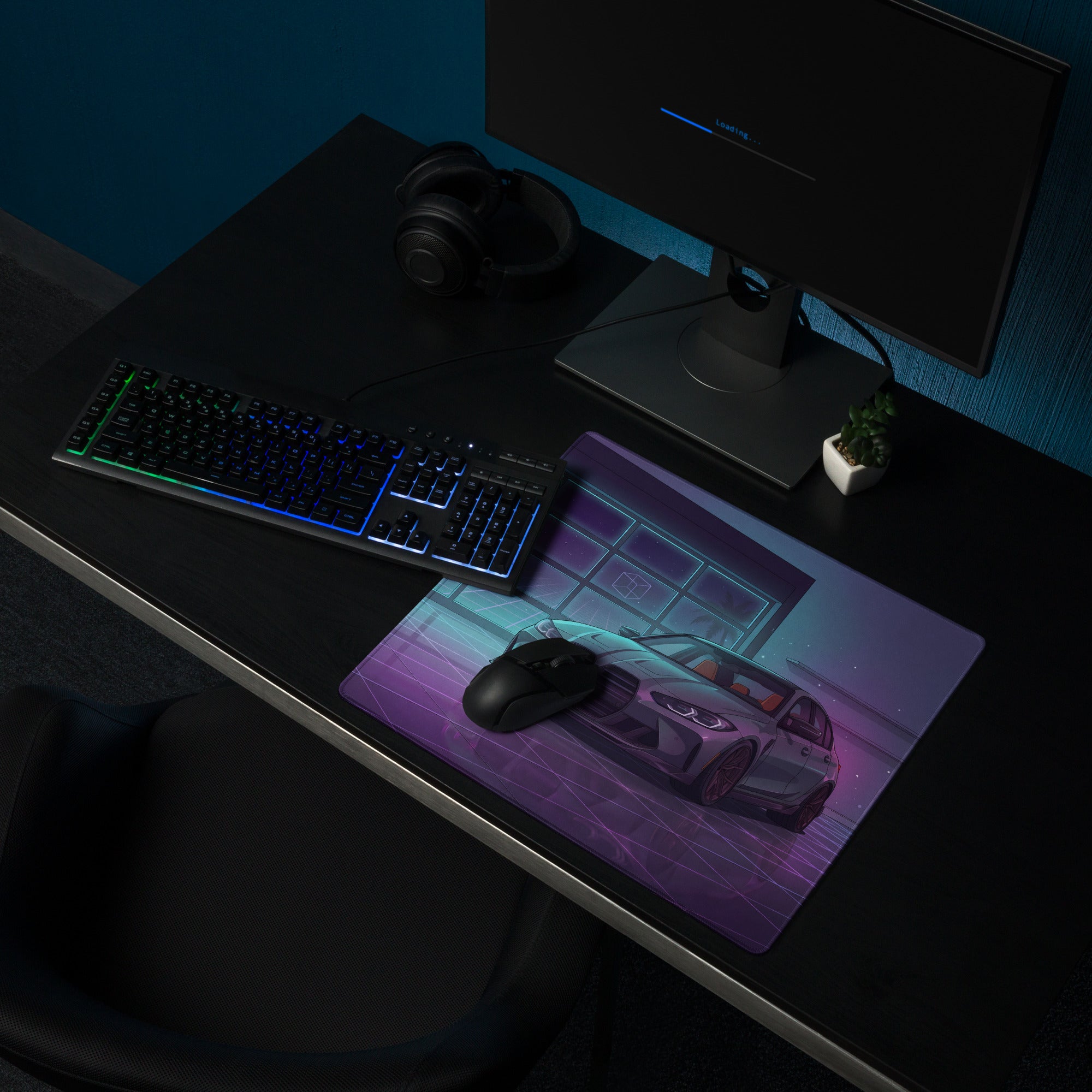 BMW M3 G80 Inspired Gray Purple Vaporwave Gaming Mouse Pad, Neon Sports Sedan Desk Mat with Retro Futuristic Luxury Garage Artwork