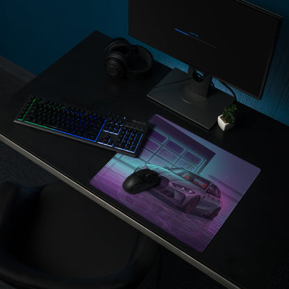 BMW M3 G80 Inspired Gray Purple Vaporwave Gaming Mouse Pad, Neon Sports Sedan Desk Mat with Retro Futuristic Luxury Garage Artwork