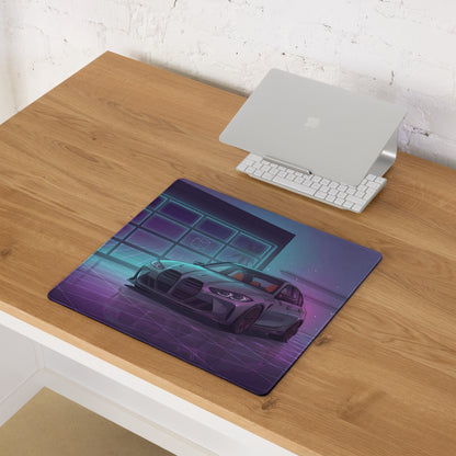 BMW M3 G80 Inspired Gray Purple Vaporwave Gaming Mouse Pad, Neon Sports Sedan Desk Mat with Retro Futuristic Luxury Garage Artwork