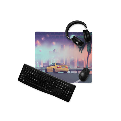 BMW M3 E46 Inspired Gold Pink Vaporwave Gaming Mouse Pad, Retro Sports Coupe Desk Mat with Neon Futuristic City and Palm Tree Artwork