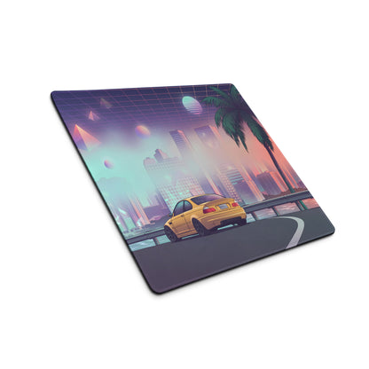 BMW M3 E46 Inspired Gold Pink Vaporwave Gaming Mouse Pad, Retro Sports Coupe Desk Mat with Neon Futuristic City and Palm Tree Artwork