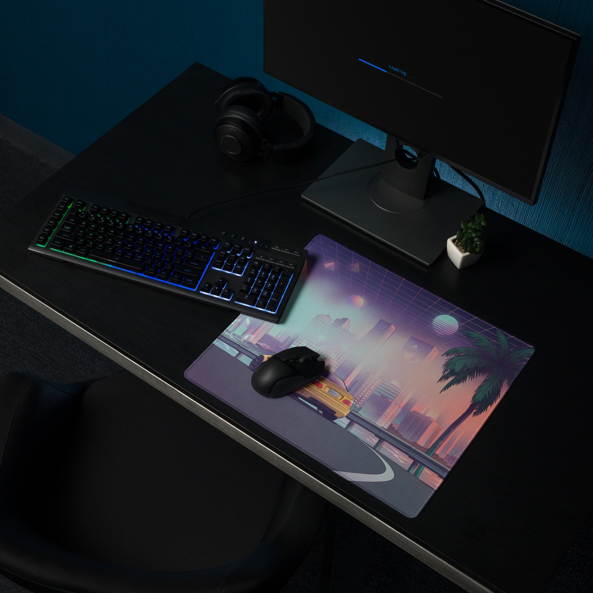 BMW M3 E46 Inspired Gold Pink Vaporwave Gaming Mouse Pad, Retro Sports Coupe Desk Mat with Neon Futuristic City and Palm Tree Artwork