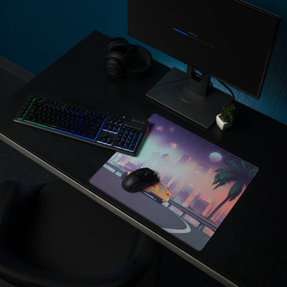 BMW M3 E46 Inspired Gold Pink Vaporwave Gaming Mouse Pad, Retro Sports Coupe Desk Mat with Neon Futuristic City and Palm Tree Artwork