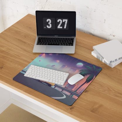 BMW M3 E46 Inspired Gold Pink Vaporwave Gaming Mouse Pad, Retro Sports Coupe Desk Mat with Neon Futuristic City and Palm Tree Artwork