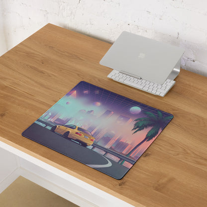 BMW M3 E46 Inspired Gold Pink Vaporwave Gaming Mouse Pad, Retro Sports Coupe Desk Mat with Neon Futuristic City and Palm Tree Artwork