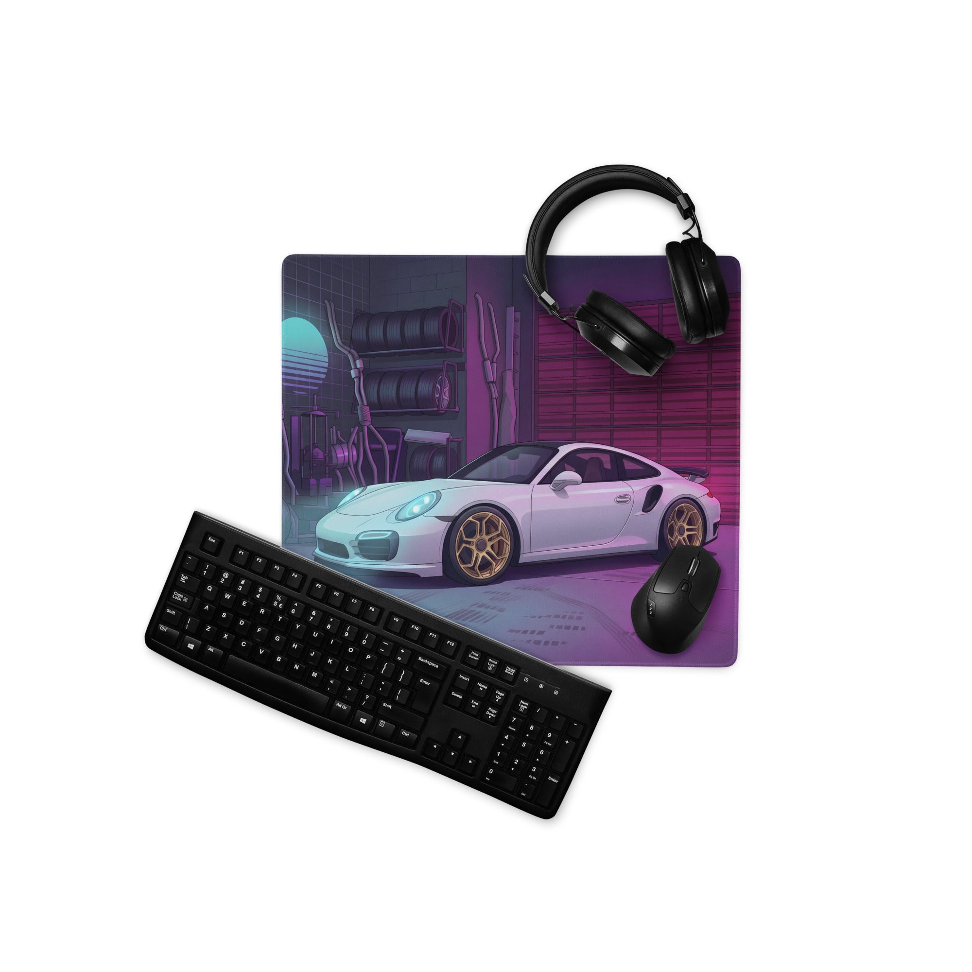 Porsche 911 Turbo S Inspired White Purple Vaporwave Gaming Mouse Pad, Neon Supercar Desk Mat with Retro Futuristic Performance Garage Artwork
