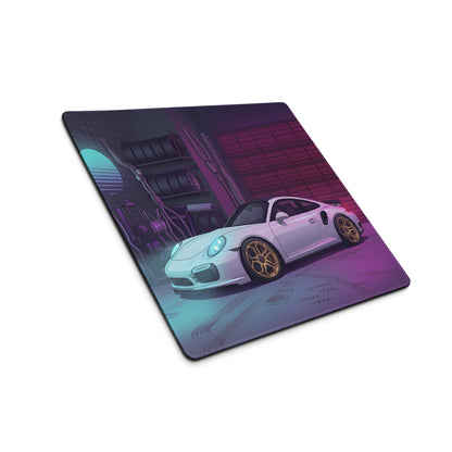 Porsche 911 Turbo S Inspired White Purple Vaporwave Gaming Mouse Pad, Neon Supercar Desk Mat with Retro Futuristic Performance Garage Artwork