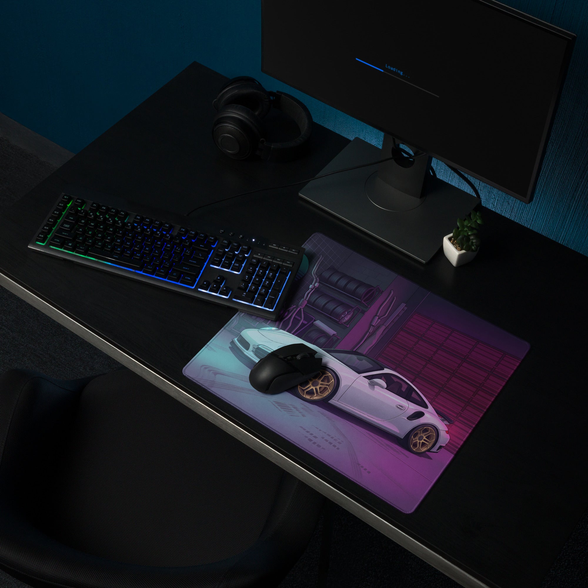 Porsche 911 Turbo S Inspired White Purple Vaporwave Gaming Mouse Pad, Neon Supercar Desk Mat with Retro Futuristic Performance Garage Artwork