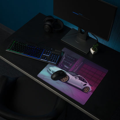 Porsche 911 Turbo S Inspired White Purple Vaporwave Gaming Mouse Pad, Neon Supercar Desk Mat with Retro Futuristic Performance Garage Artwork