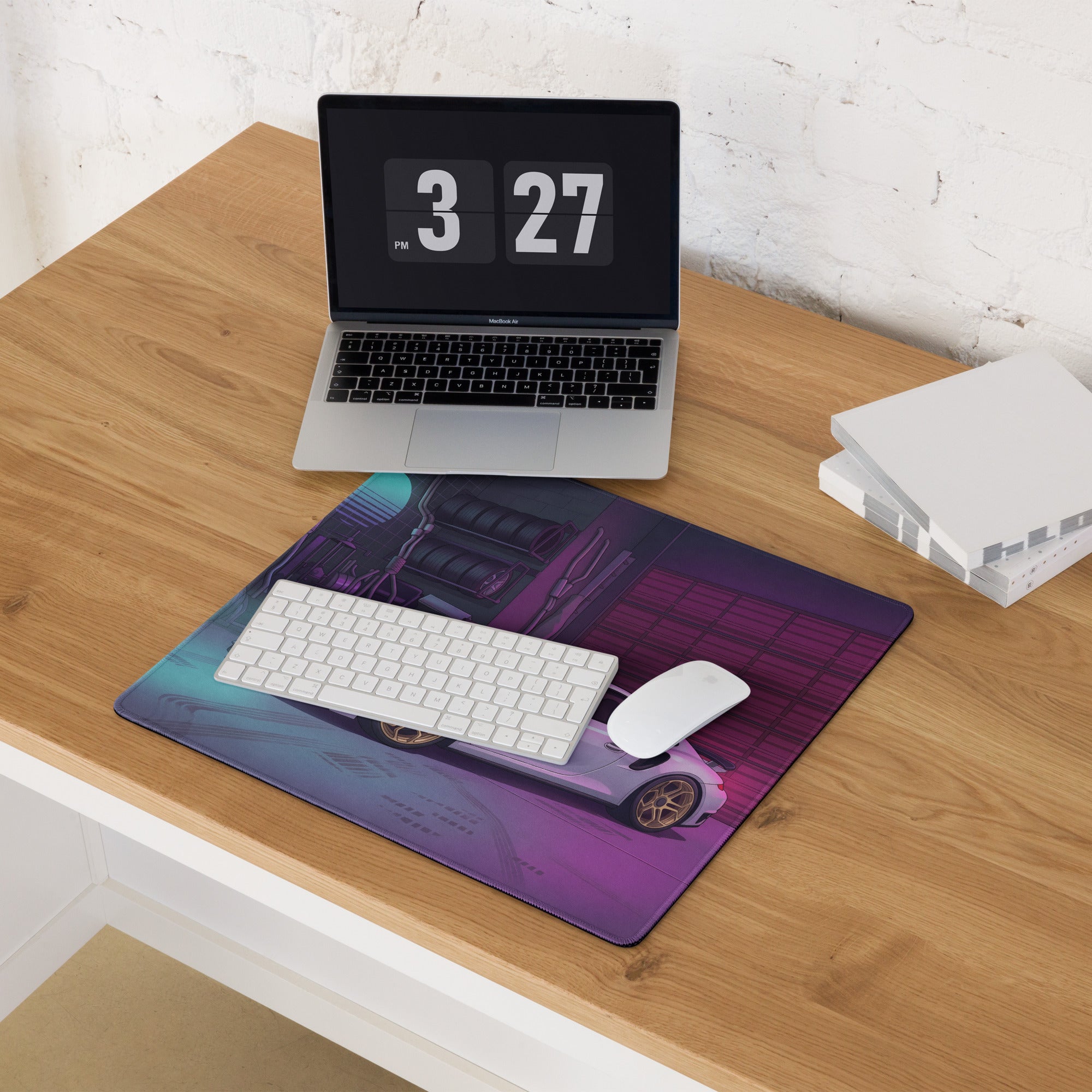 Porsche 911 Turbo S Inspired White Purple Vaporwave Gaming Mouse Pad, Neon Supercar Desk Mat with Retro Futuristic Performance Garage Artwork