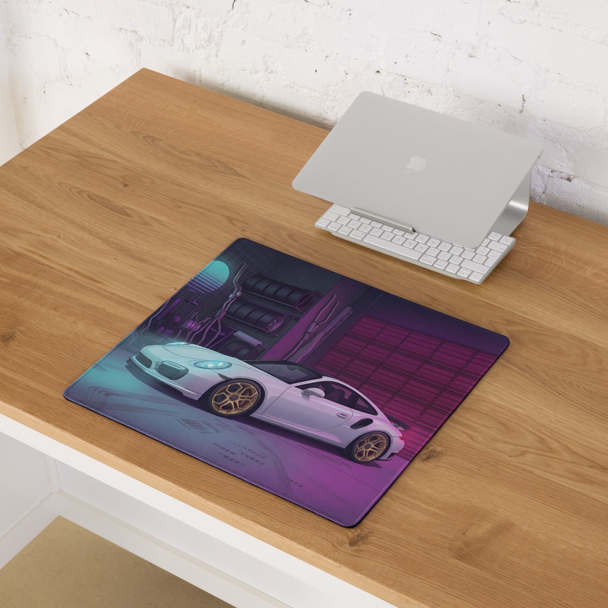 Porsche 911 Turbo S Inspired White Purple Vaporwave Gaming Mouse Pad, Neon Supercar Desk Mat with Retro Futuristic Performance Garage Artwork